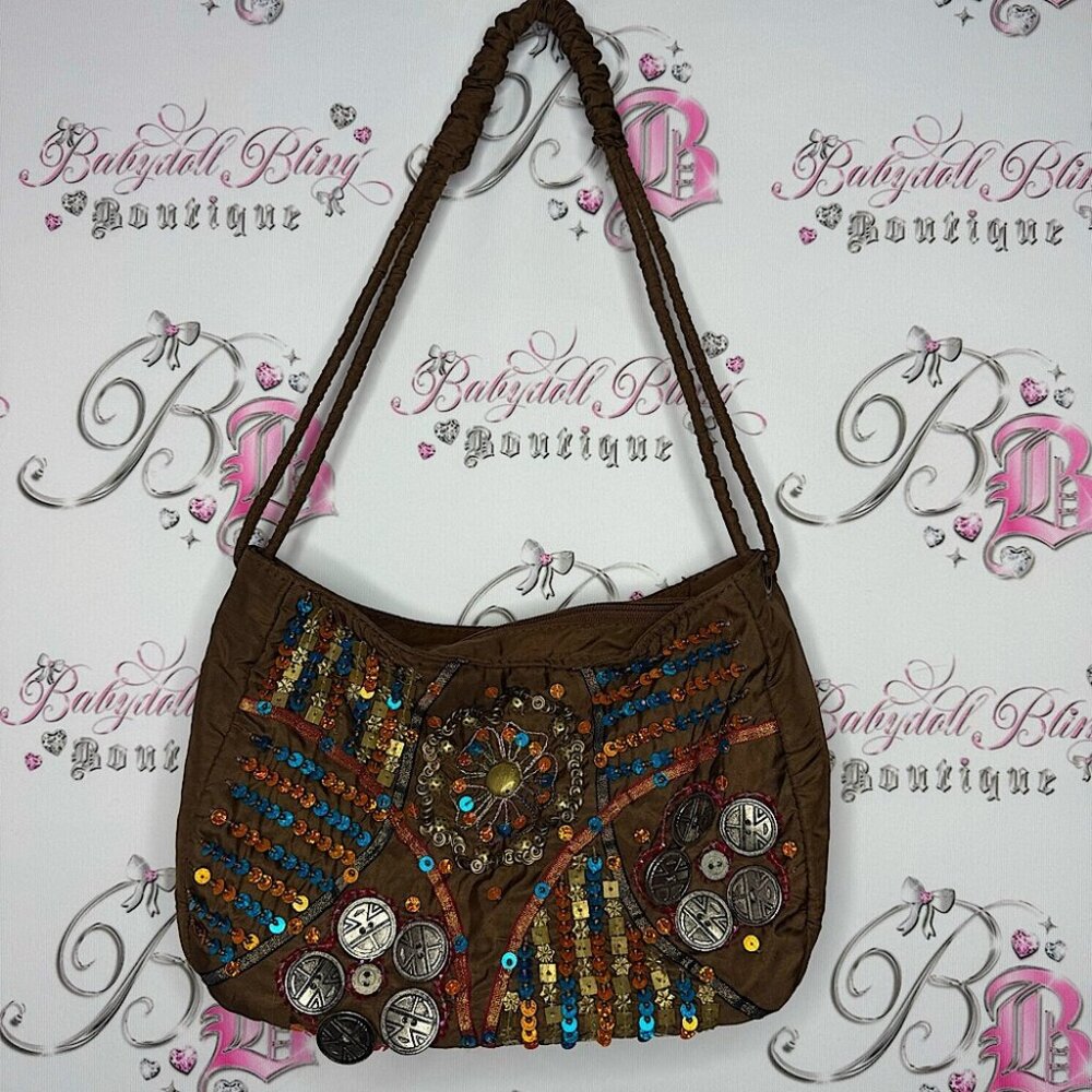 SAND N SUN purse bag boho beaded sequins brown blue orange buttons hippie strap - Picture 1 of 10